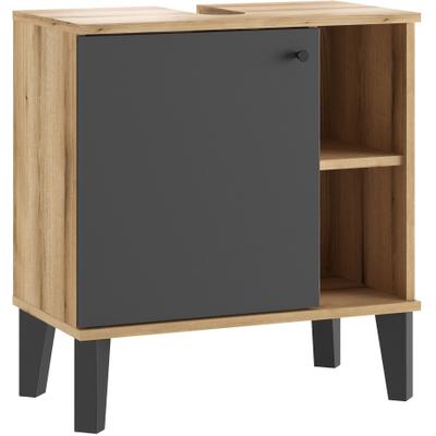 Waschbeckenunterschrank HOME AFFAIRE "Oslo, Waschtisch mit Knopfgriff, Badschrank im skandinavischen Design", grau (eiche evoke, grau), B:60cm H:65cm T:33cm, FSC-zertifizierter Holzwerkstoff, Schränke, Waschbeckenunterschrank, in der Türfarbe Weiß...