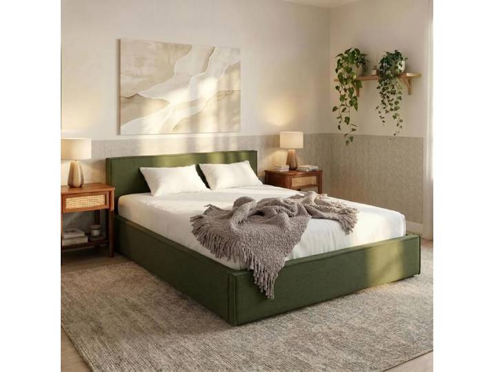 Lit Double PESARO rembourré 160x200 cm Tête de lit en Tissu Vert avec Sommier Lit Queen Size pour Adulte Lit 2 Places Rembourré