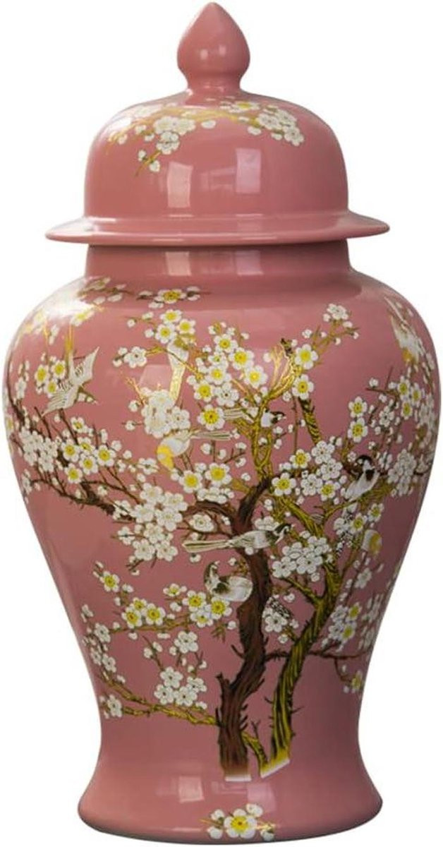 Handbeschilderde keramische gemberpot met deksel en roze bloemen decoratieve vaas