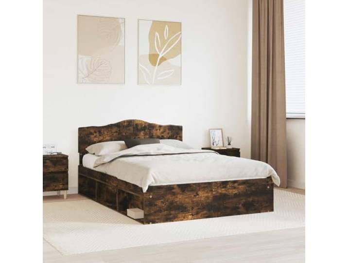 RJPLMFV Bettgestell, Raucheiche, 140 x 200 cm, massives Kiefernholz Lattenrost inklusive, Kopfteil aus massivem Kiefernholz, modernes Design, einfache Reinigung