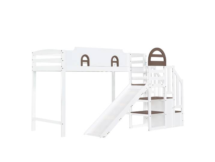 Lit superposé enfant pin blanc toboggan escalier 90x200cm