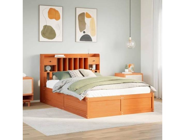 WDGJJFECNMUEHI Massives Kiefernholz Stabiler Holzrahmen 160x200 cm Braun Massivholzbett ohne Matratze Wachsbraun 160x200 Kiefernholz mit Kopfteil und Stauraum