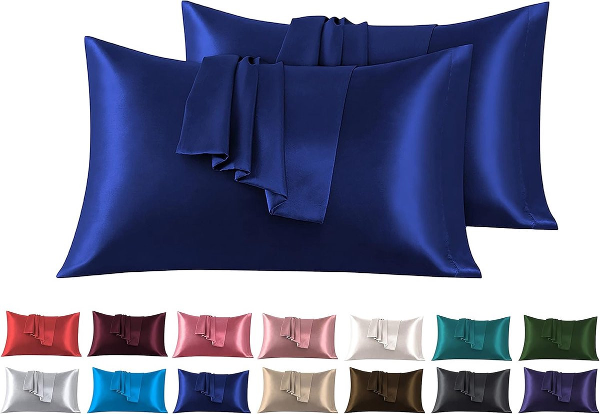 SnelShoppen Set van 2 Satin Kussenslopen Donkerblauw, 45 x 70 cm
