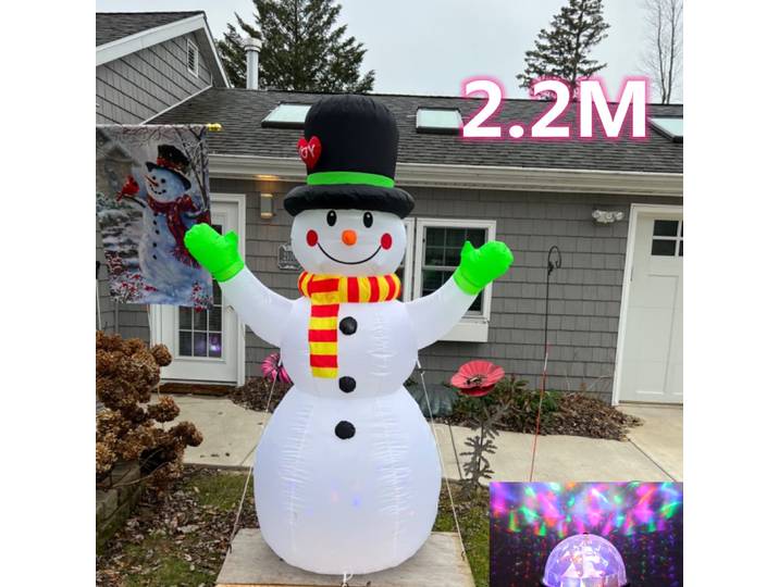 Bonhomme de neige de noël gonflable de 2.2M, modèle rotatif, gant vert clair LED, accessoires de piquet de noël, jouets, accessoires ménagers, décoration de vacances