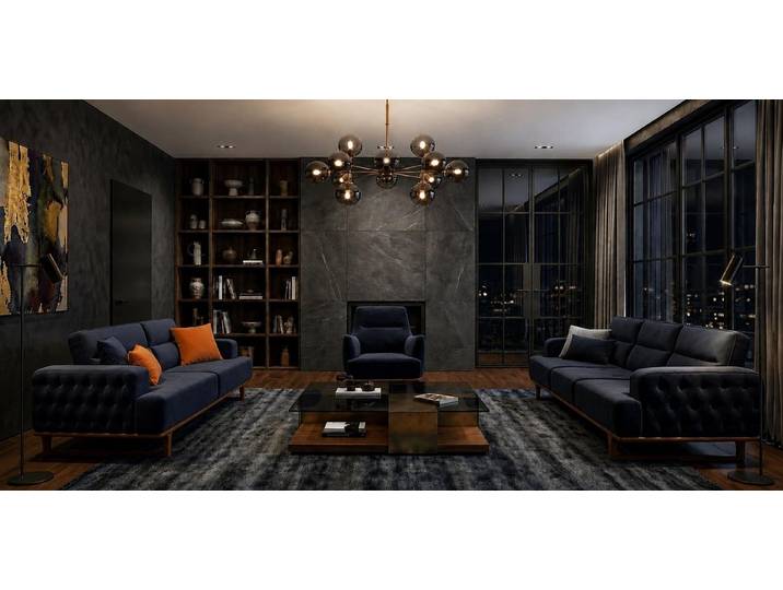 JVmoebel Polstergarnitur Polstergarnitur 4Sitzer 3Sitzer sofa Sessel Modern Kissen Dunkelblau, (3-tlg), Made in Europa