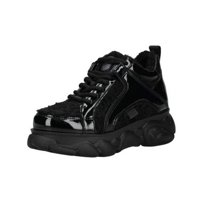 Plateausneaker BUFFALO "Buffalo Sneaker Leder/Textil", Damen, Gr. 37, schwarz (schwarz lack), Leder, Textil, Schuhe Plateausneaker