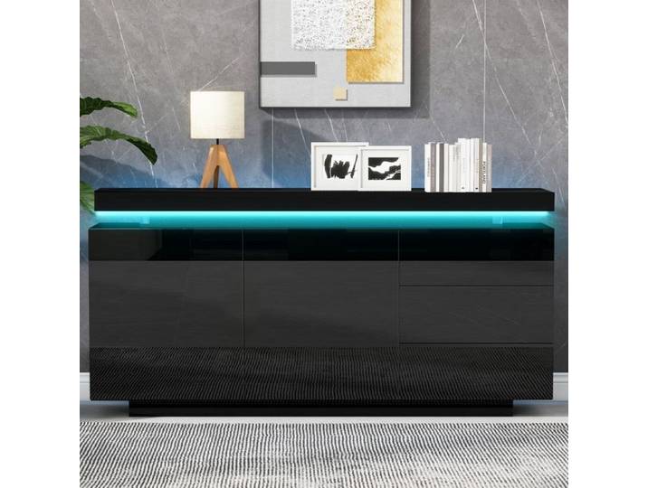 Buffet Moderne Salon Buffet avec éclairage LED Commode avec 2 Portes et 3 Tiroirs Haute Brillance Sans Poignée 140x35x72.5cm