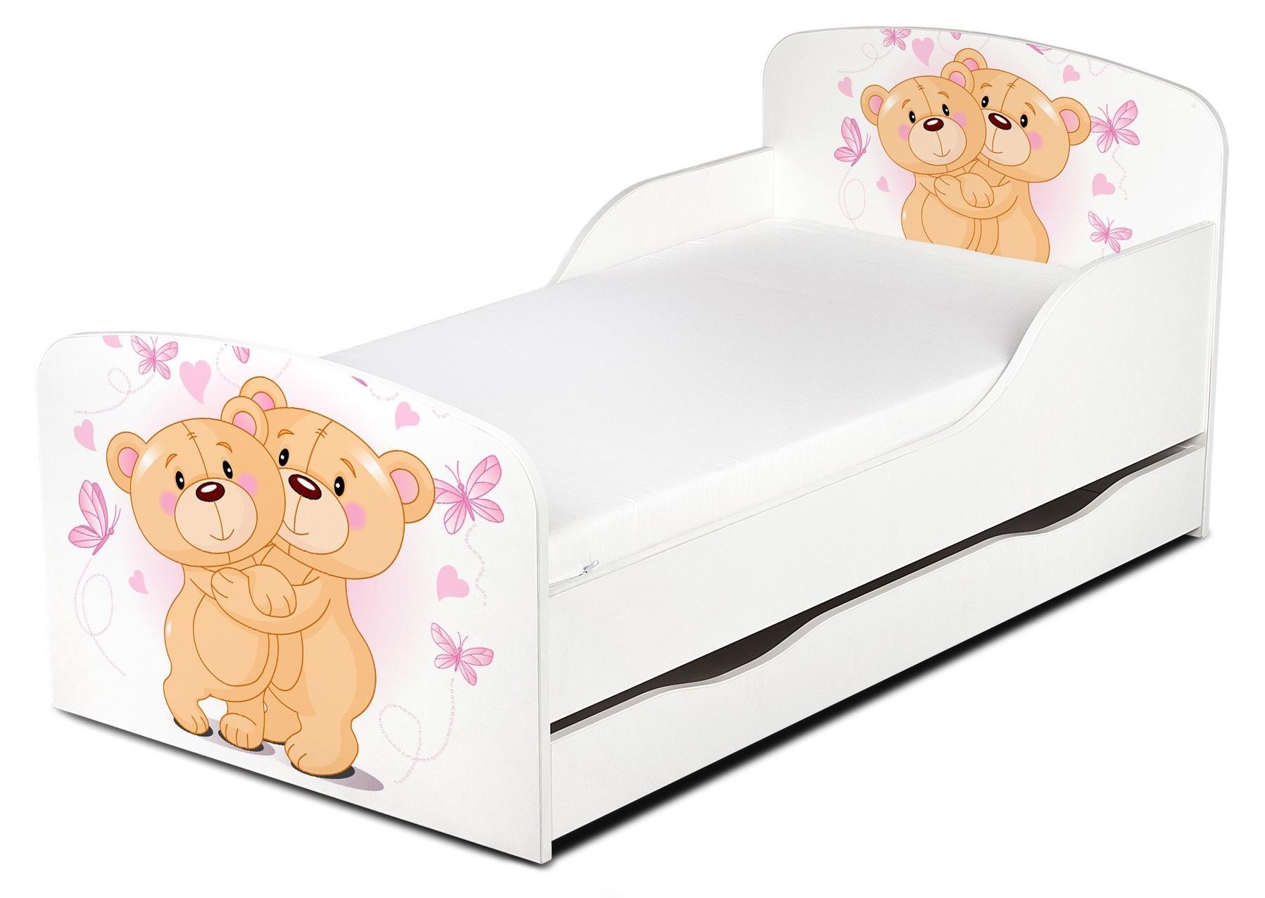 Modernes Weißes Holz-Kinderbett mit Schublade und Matratze mit Teddy-Motiv