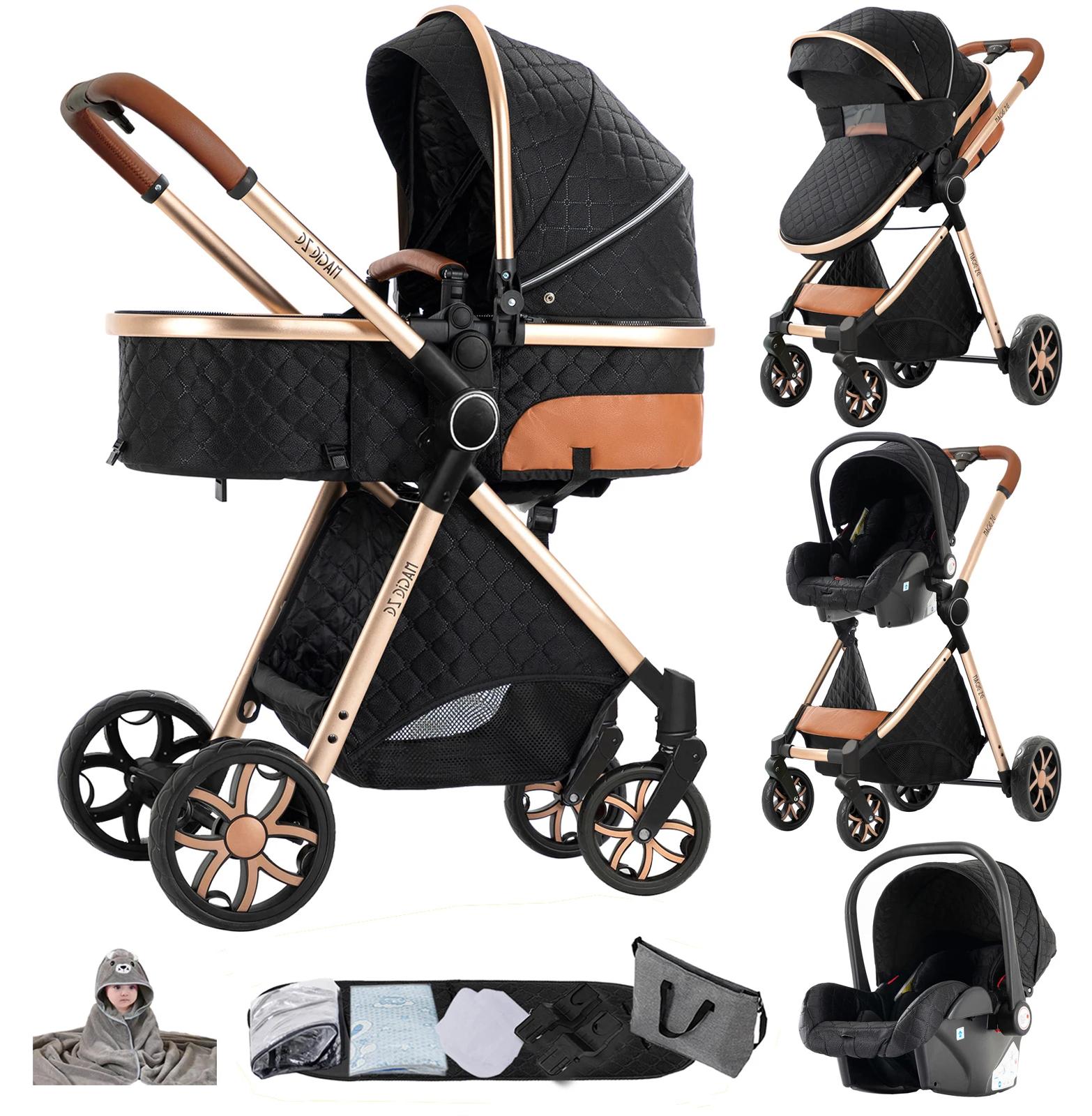 Kombikinderwagen 3-in-1 - Kinderwagen mit Babyschale - Wendeaufsatz - Babywanne - Faltbar - Stoßdämpfung - 20 kg - Schwarz/Gold