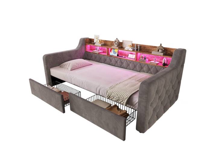 Lvhom Tagesbett 90/190 mit Schubladen & Regal, Usb-C Ladeanschlüsse/LED, Samt, Dunkelgrau, Holz, 2 Schubladen, 90x190 cm, Schlafzimmer, Betten, Polsterbetten