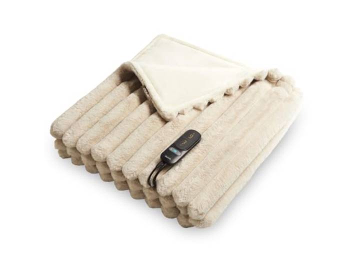 Duux Yentl Couverture chauffante\, électrique\, à Rayures\, 200 x 200 cm\, Extra Douce\, 9 Niveaux de Chauffage et minuterie\, Lavable\, Protection Contre la surchauffe\, économe en énergie\, Beige