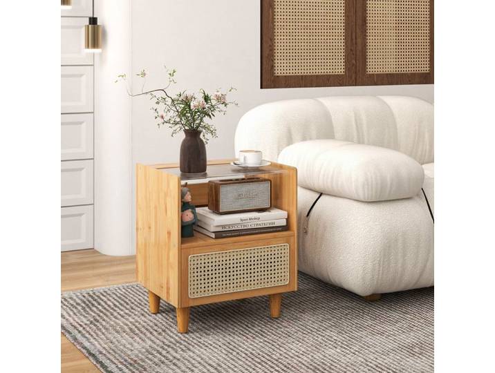 Table de chevet - PAGE LIVING - PAGE Living - Lot de 2 - Bambou et rotin - Plateau verre trempé cannelé