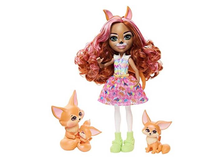 Enchantimals Poppen, Chic Feestje, Filigree Vos Pop, vriendje Perk en 2 andere vriendjes, kleine pop met rok (die aan en uit kan) en accessoires, cadeau voor kinderen HNT60