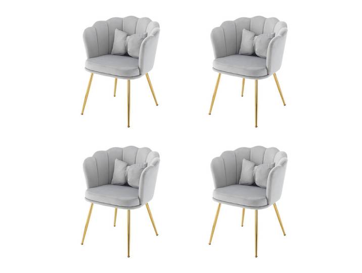 Flieks Stuhl SET 4-Teilig Samt Polster Blütenblatt-Rücken Goldfüße & Kissen Grau, Holz, 62x43x54 cm, Esszimmer, Stühle, Armlehnstühle