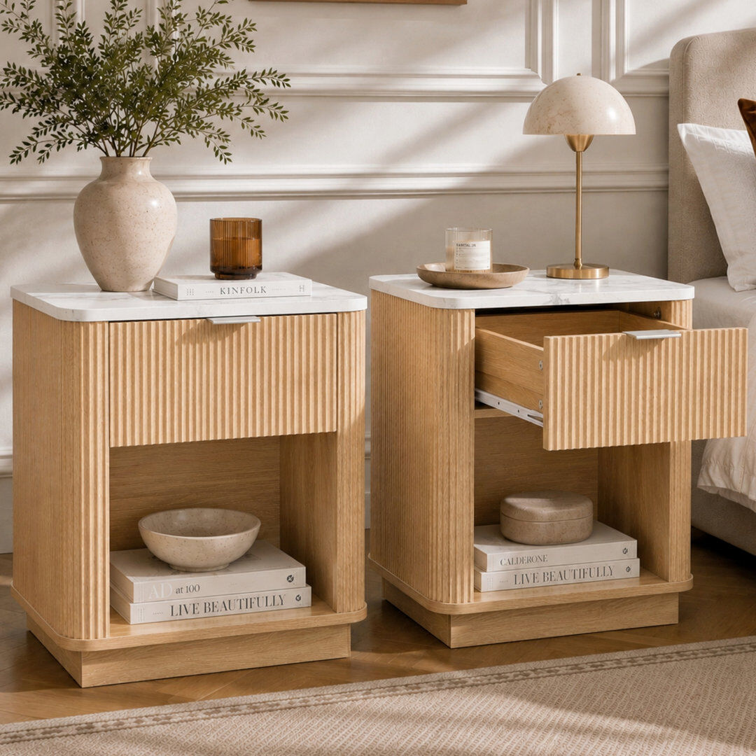Abrihome Set of 2 Walnut/Natural Effect Fluted Bedside Tables with Travertine Top, Drawer & Shelf Nightstand for Bedroom Natural 55.5cm H X 48cm W X 35cm D