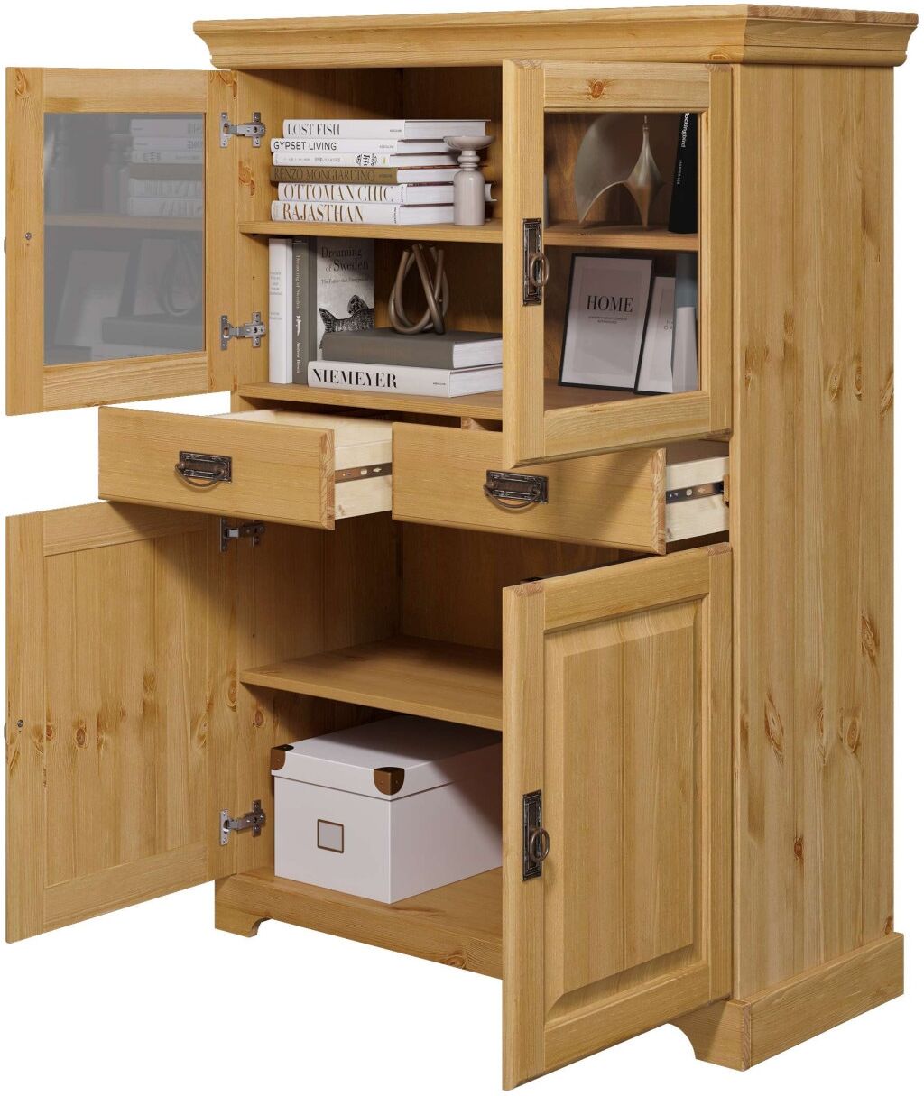 Highboard OTTO HOME "Rügen", beige (natur), B:95cm H:130cm T:40cm, Massivholz, Sideboards, Highboard, Vitrine im Landhausstil, zertifiziertes Massivholz, Höhe 131 cm