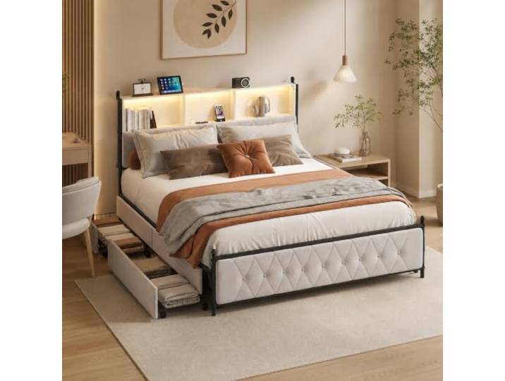 DULRLLY Polsterbett 160x200 mit Bettkasten, Doppelbetten mit LED-Beleuchtung und USB, Staufach-Kopfteil mit Regal＆ Steckdose, Stauraumbett Funktionsbett Bettgestell für Modernes Schlafzimmer