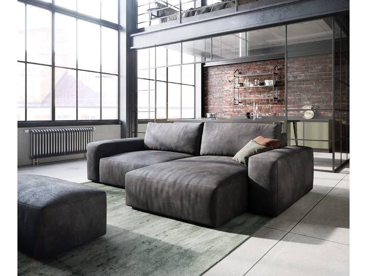 DELIFE Ecksofa Lanzo 230x155 cm Lederimitat Vintage Anthrazit Recamiere variabel mit Hocker, Ecksofas
