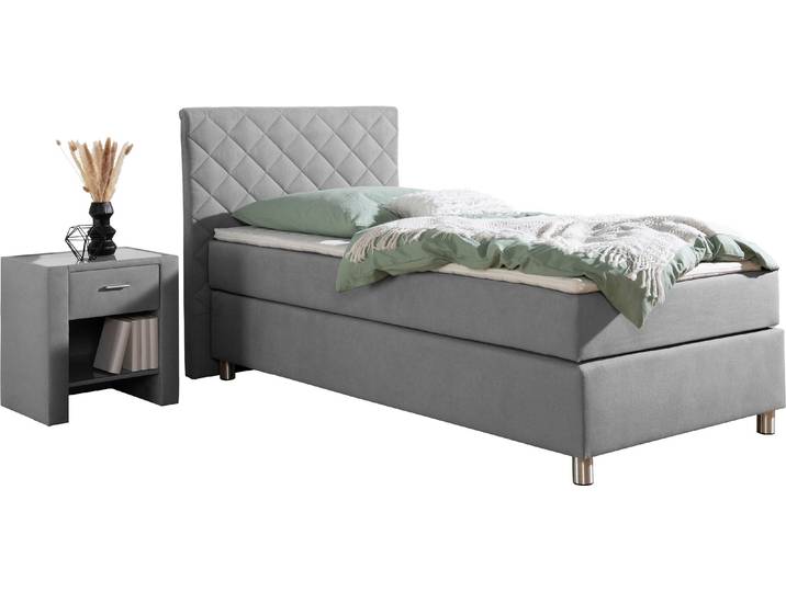 Boxspringbett, Grau, 108x208 cm, Microfaser, Inkl. Topper & 7-Zonen-Matratze, Modern, Leonique