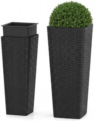 Costway Rattan Tall Planter Set of 2 Outdoor Large Tapered Planters with Removable Inner Trays-Black