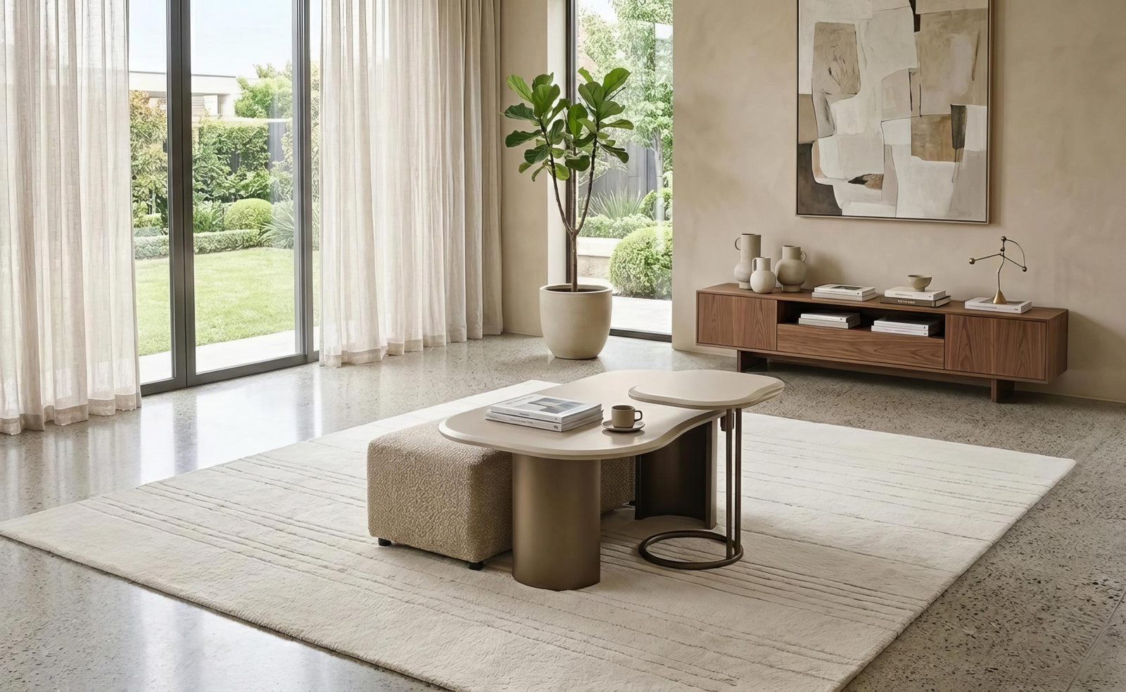 JVmoebel Luxe Moderne Salontafelset met Bijzettafeltje en Hocker in Beige