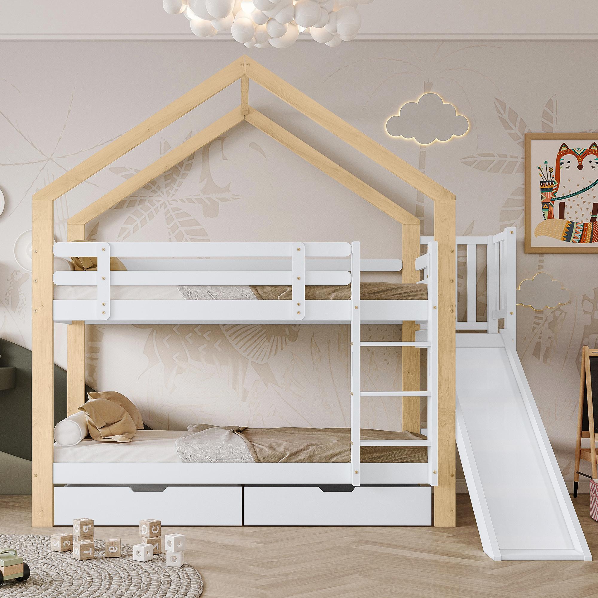 Etagenbett 90x200 cm mit Rutsche, Hausdach, 3-stufiger Winkelleiter, Absturzsicherung und 2 Schubladen, Kiefer/MDF/Sperrholz, Weiß/Natur