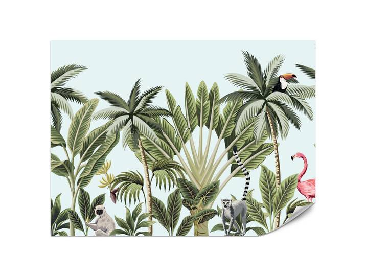 Muralo Fototapete für Schlafzimmer Exotische Tiere Dschungel Flamingo 350x256, Grün, Weiß, Grau, Schwarz, Rosa, Papier, Baum/Pflanze/Natur, Tiere, Rechteckig, 350x256 cm, Tapeten & Wandverkleidungen, Fototapeten