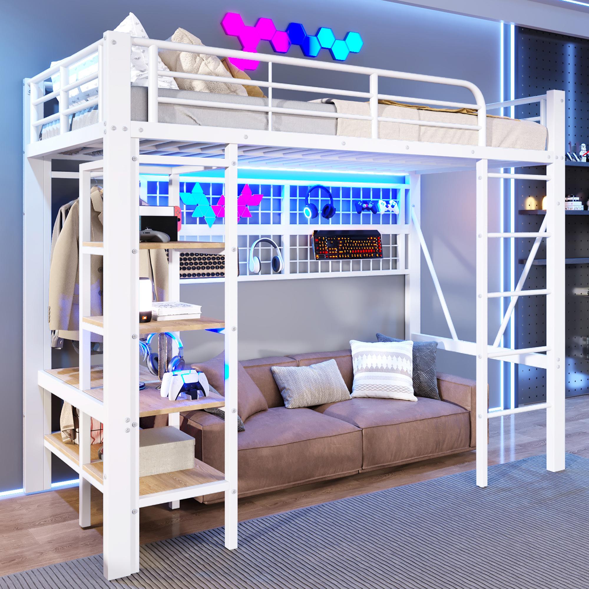 Merax Etagenbett Hochbett 90x200 cm, Kinderbett Eisenrahmen, Ablagefach, Hänge-Netz, Kleideraufhängebereich, LED-Leuchten, Jugend Stockbett, Weiß