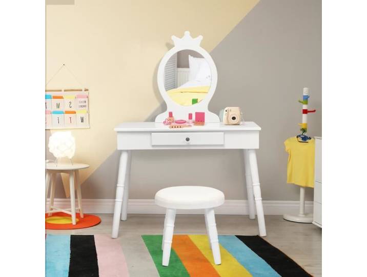 DREAMADE Coiffeuse Enfant avec Miroir et Tabouret Ensemble Coiffeuse Princesse en MDF et Bois de Pin avec Tiroir et Miroir Blanc