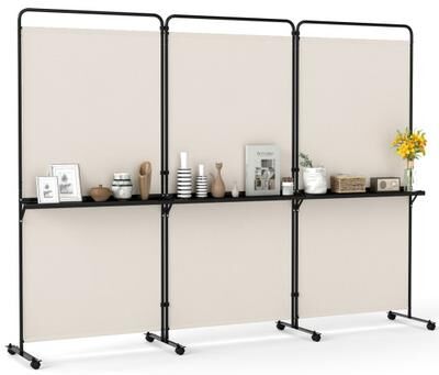 Costway 3-Panel Room Divider with Shelves 6 FT Tall Folding Privacy Screen with Lockable Wheels-White