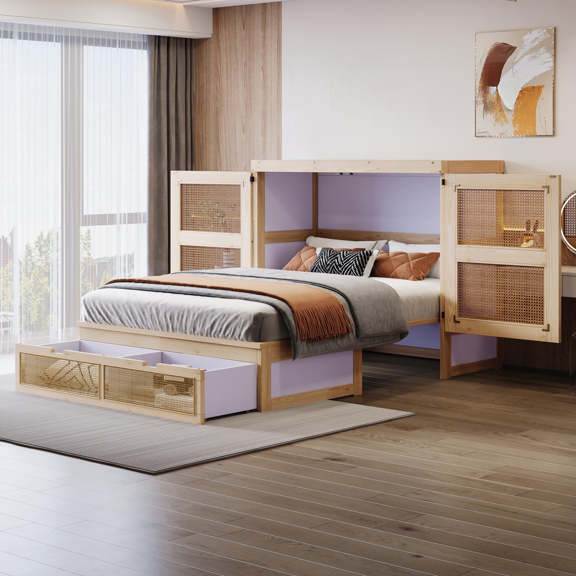 Schrankbett 140 x 200 cm, Wandbett mit Lattenrost, Wandklappbett, Vertikales schrankbett mit Lattenrost, mit Stauraumschubladen, Rattan-Design, Holzbetten, Jugendbetten, Einzelbetten, Holzfarbe