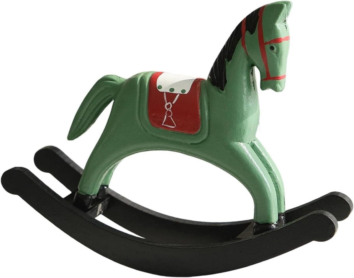 Schommelpaard Ornament Groen - Houten Beeld voor Tafeldecoratie - Hoogte: 22 cm