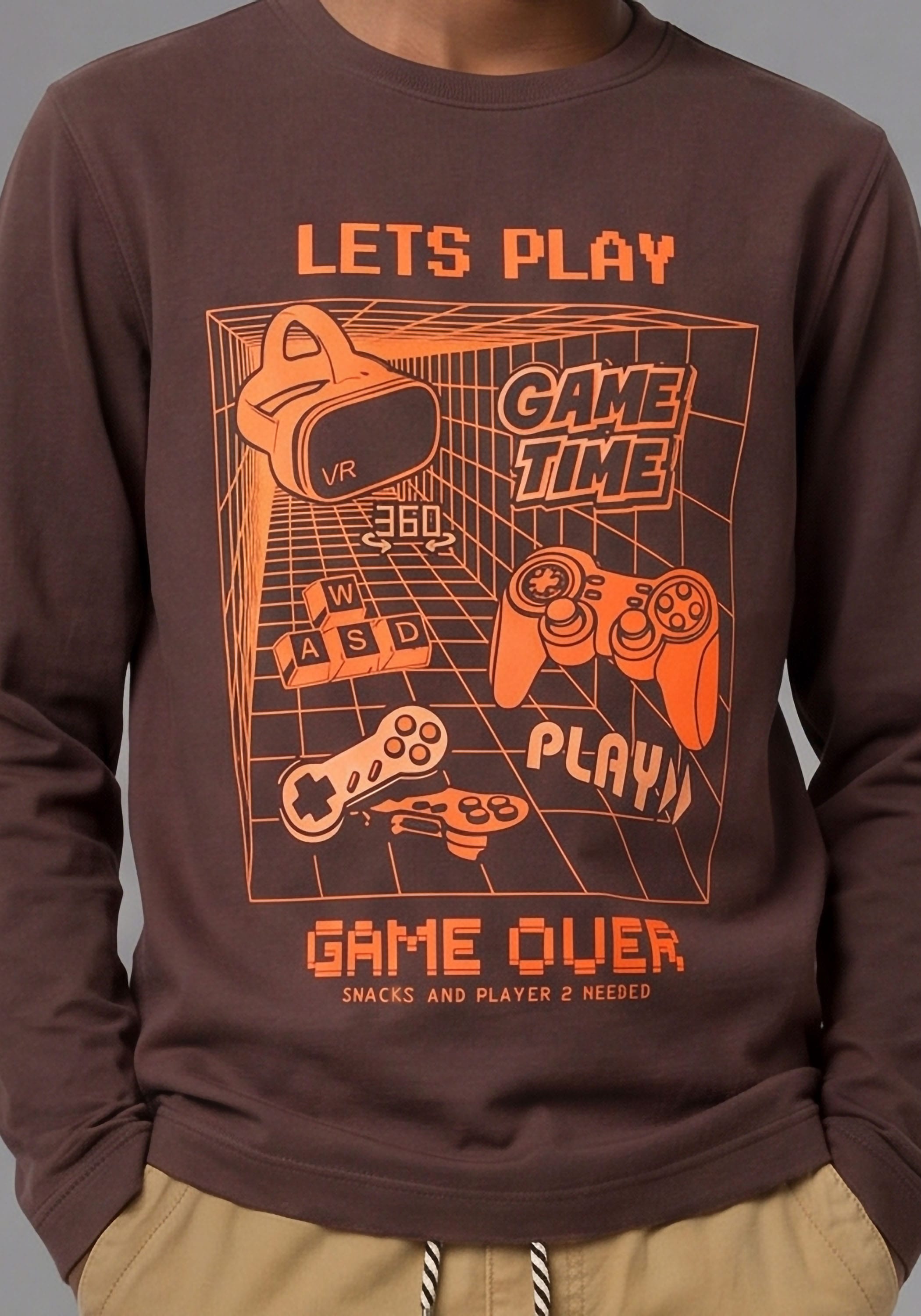 Langarmshirt KIDSWORLD "Gamer-Shirt: LETS PLAY - GAME OVER", Jungen, Gr. 164/170, braun, Jersey, Obermaterial: 100% Baumwolle, Basic, Rundhals, Shirts Langarmshirt, Gamer-Shirt, langarm, Basic-Stil, für Alltag und Freizeit braun 164/170
