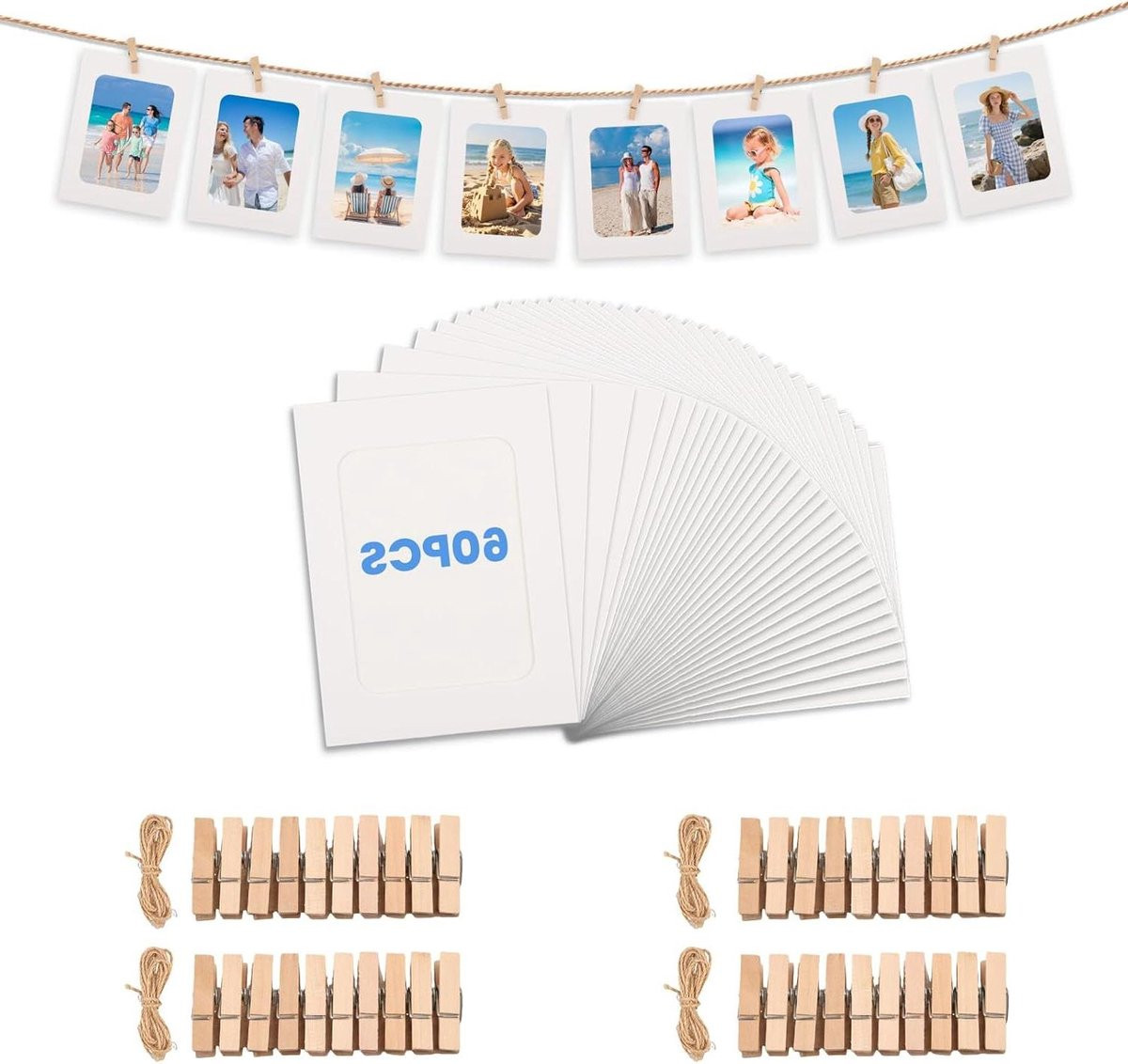 Fotogirlande Set Wit - Foto Ophangsysteem met 60 Frames voor Decoratie