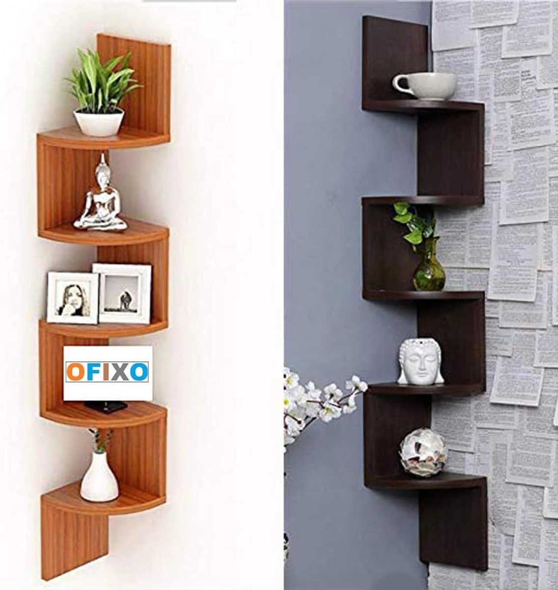 Set van 2 Houten Hoekwandplanken met Zigzag Ontwerp in Bruin Teak