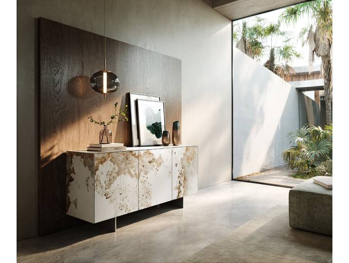 Sideboard Cuor 150 cm Keramik Minas Melange Weiß-Beige 3 Türen Fuß Schwebeoptik Edelstahl, Sideboards