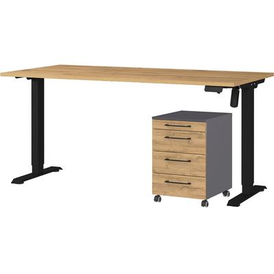 Büromöbel-Set GERMANIA "Profi 3.0", schwarz (grandson, eiche, nachbildung, schwarz), Schreibtisch 160cm breit Holzwerkstoff Metall, Holzwerkstoff, Metall, Arbeitsmöbel-Sets, Büromöbel-Set, Büromöbel-Set bestehend aus Schreibtisch und Rollcontainer