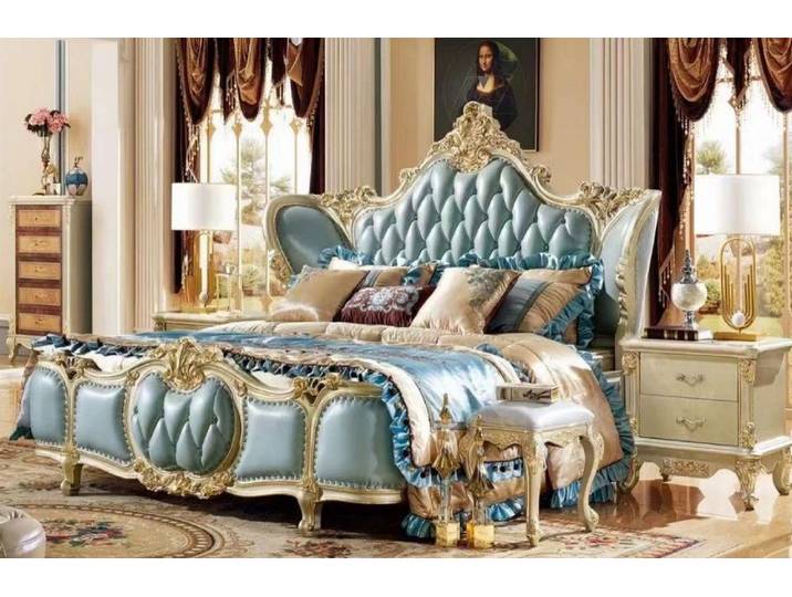 JVmoebel Polsterbett JVMoebel Polsterbett Blau mit Lederpolsterung im Retro-Stil