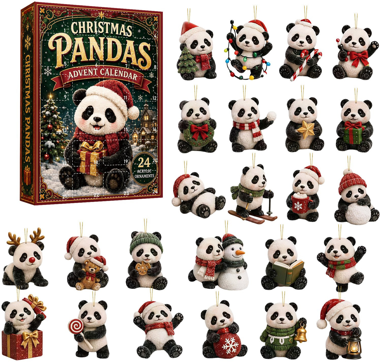 Panda adventkalender voor Kerstmis 2026 met 24 dagen en 2D-acryl ornamenten in dierenvorm voor in de kerstboom