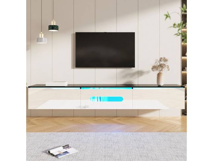 Meuble TV moderne avec éclairage LED finition haut brillant longueur 180 cm installation murale possible adapté au salon