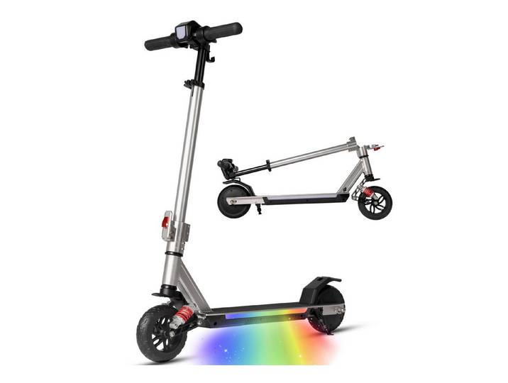 Vankel Elektro-Kinderroller klappbar, E Scooter für Kinder, ab 10 Jahre, 15km, Bunte Leuchten, Federung, 14km/h, EBS+Fußbremse, höhenverstellbar, mit Haken