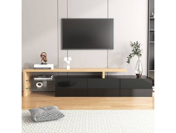 Meuble TV - SOGEU - Meuble TV de rangement - Noir laqué aspect bois - Éclairage LED multicolore - Étagères en verre
