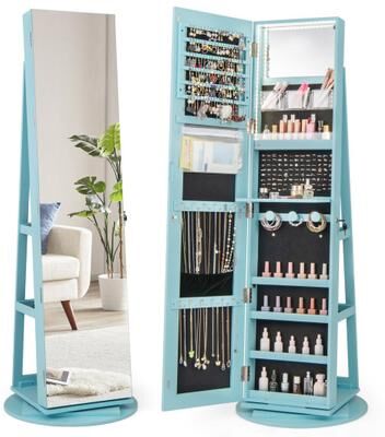 Costway 360° Rotating Mirrored Jewelry Cabinet Armoire 3 Color LED Modes Lockable-Blue