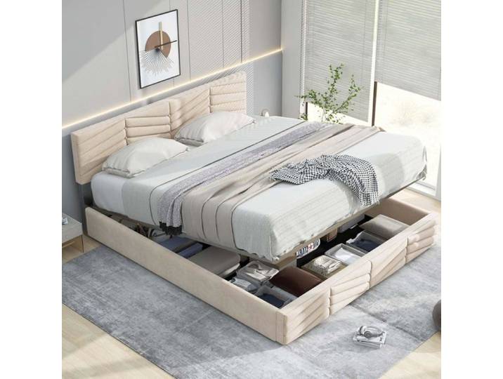 Lit 140x200cm avec Sommier - Cadre de Lit avec Rangement - pour Adulte - Beige - sans Matelas
