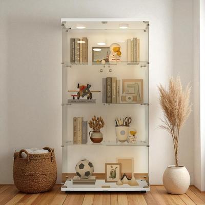 Fundinbaths Tempered Glass Display Cabinet with Door Lock, Adjustable Feet and Colorful LED Lights, Wine Storage Curio Cabinet