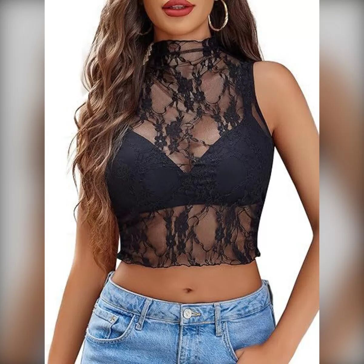 INF Haut Sexy en Dentelle Transparente sans Manches – Blouse Diaphane L