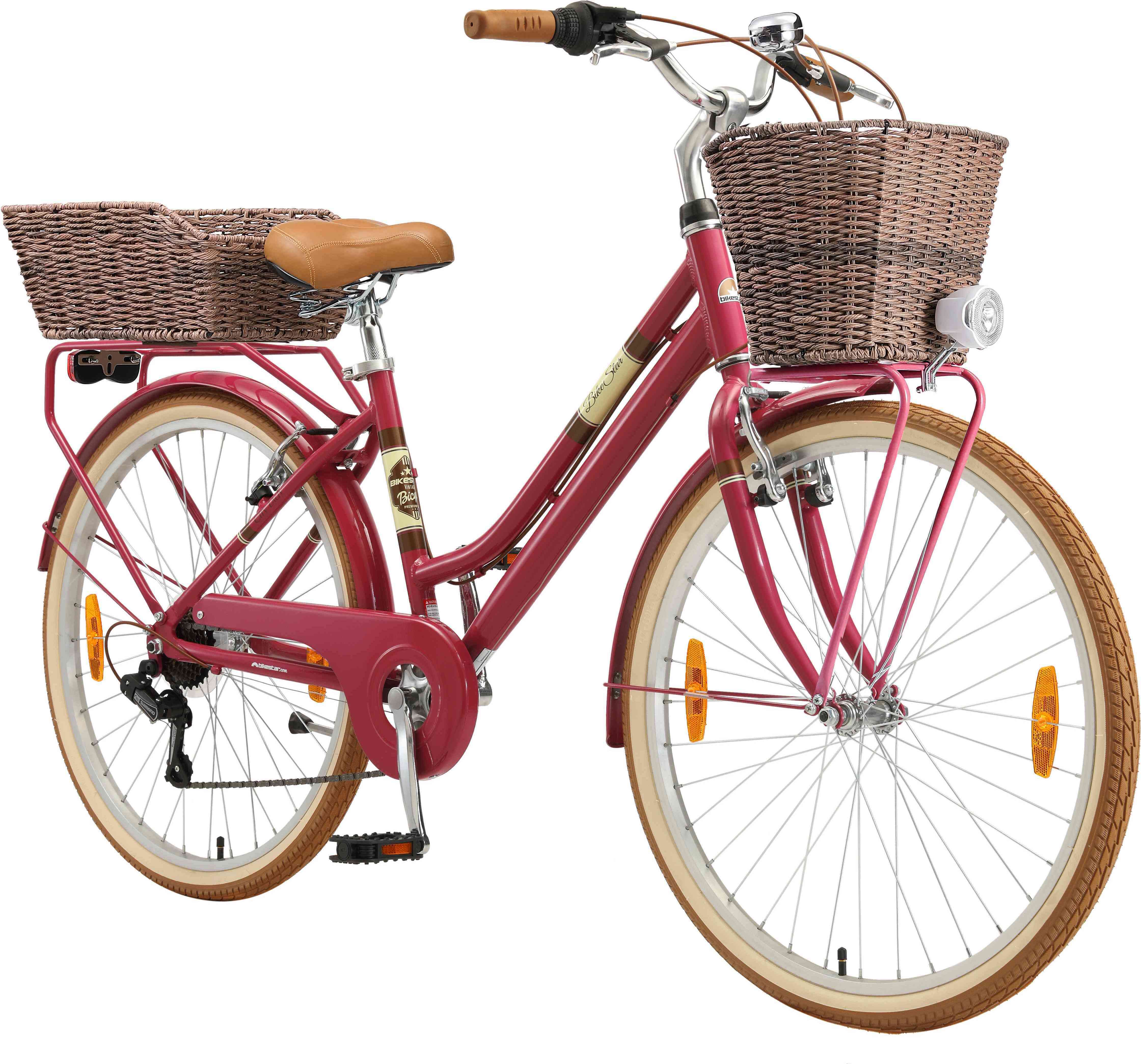 BIKESTAR City Stadt Fahrrad 26 Zoll | 16 Zoll Rahmen, 7 Gang Shimano Damen Holland Rad Retro Bike, V-Bremse, Gepäckträger | Berry
