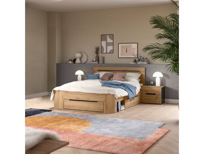 Schlafzimmer-Set HOME AFFAIRE REHAT, 3-teilig, bestehend aus: Stauraumbett & 2x Nachtkommode , eiche artisan, grau, ohne Matratze, B/H: 140cm x 200cm, Schlafzimmermöbel-Sets, Rehat, Schlafzimmerset, Bett 140x200 cm, 2 Nachttische