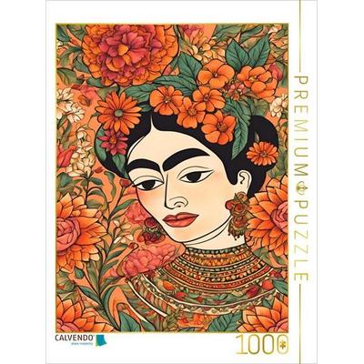 CALVENDO Puzzle Blühende Stärke. Frida Kahlo inspiriert. Frauenporträt in warmen Blumentönen | 1000 Teile Lege-Größe 64x48cm Foto-Puzzle für