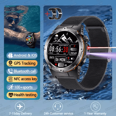 Inspire Picks T Rex 3 Tactical GPS Smartwatch Military Rugged NFC Call Waterproof Watch black Mesh Belt 2a